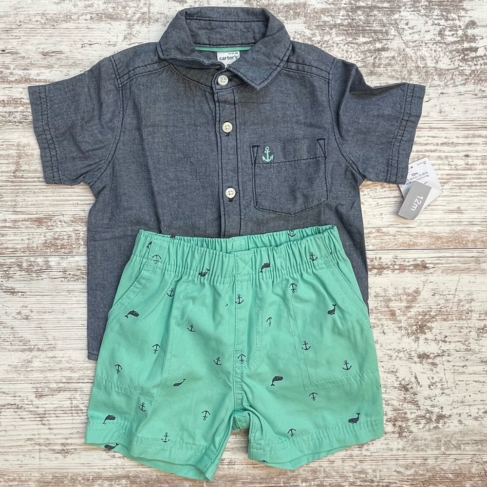 Carter's Charcoal Shirt and Mint Shorts Set